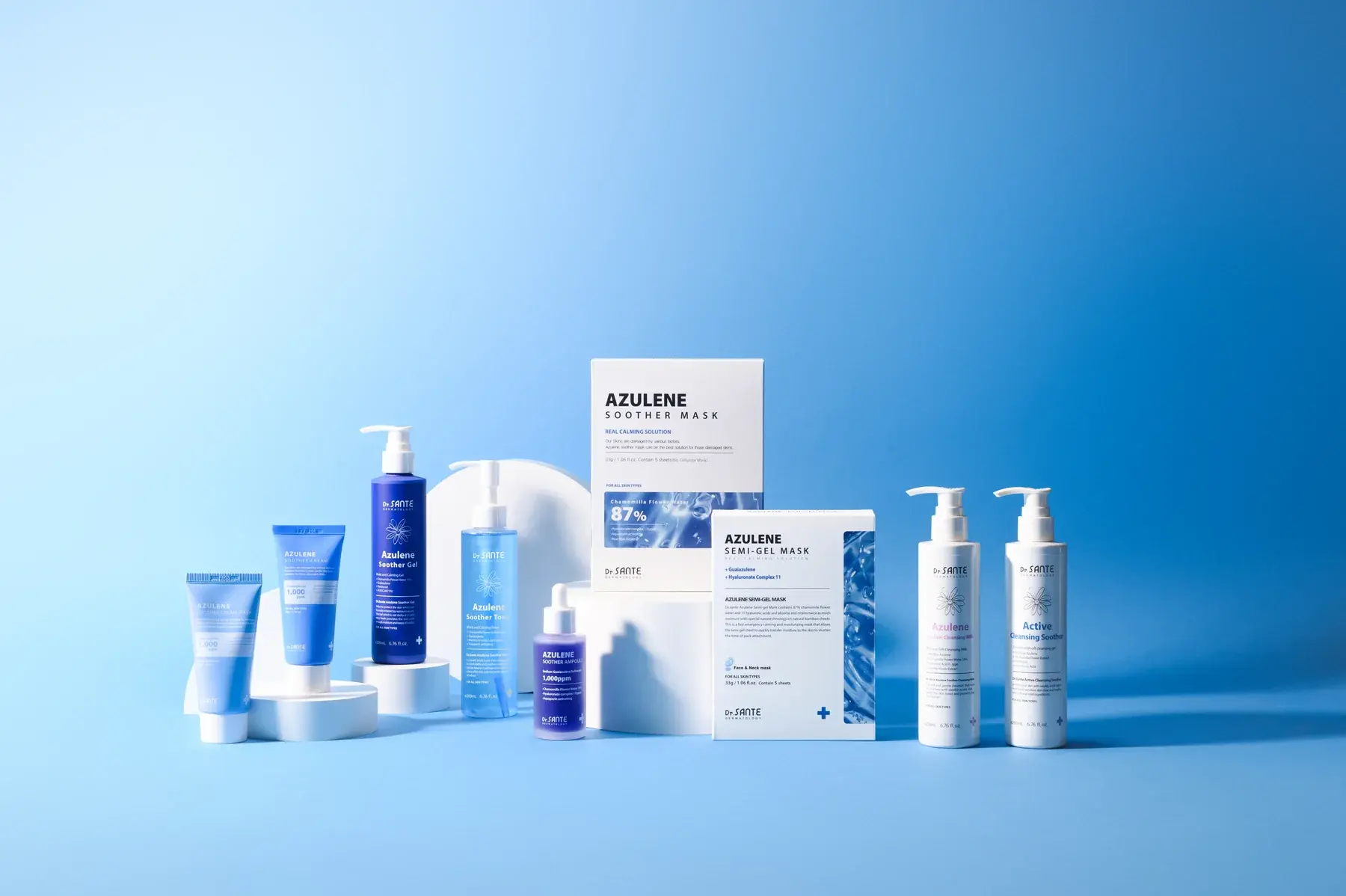 Dr.SANTE Azulene Soother lineup on a blue backdrop